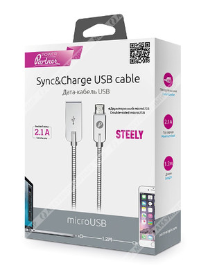 Кабель Partner USB2.0 - microUSB, Steely, 2.1A, 1.2м, серебристый